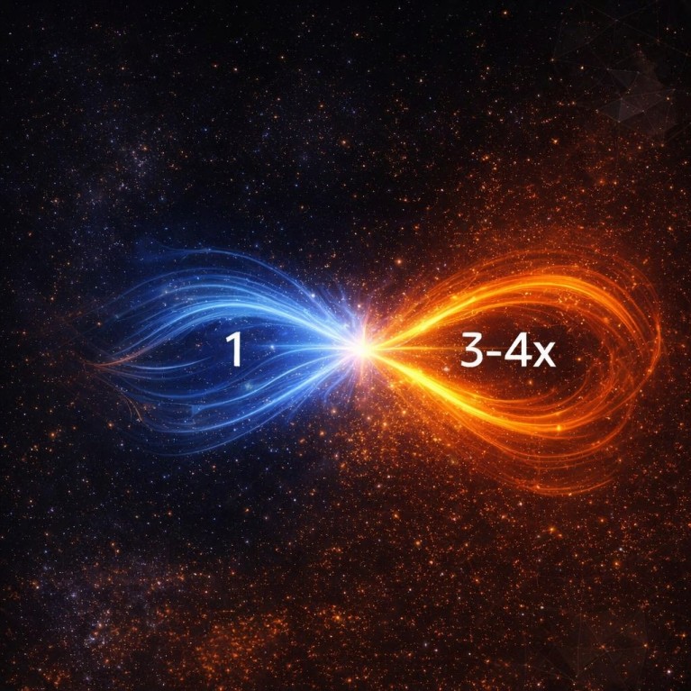 Abstrakte Grafik vor dunklem Hintergrund: Drei „1“-Einheiten fließen als Energie in eine Verzweigung, aus der rechts in orange „3–4x“ hervorgeht – Visualisierung eines Effizienzgewinns, etwa bei einer Wärmepumpe im Vergleich zur direkten Stromheizung.