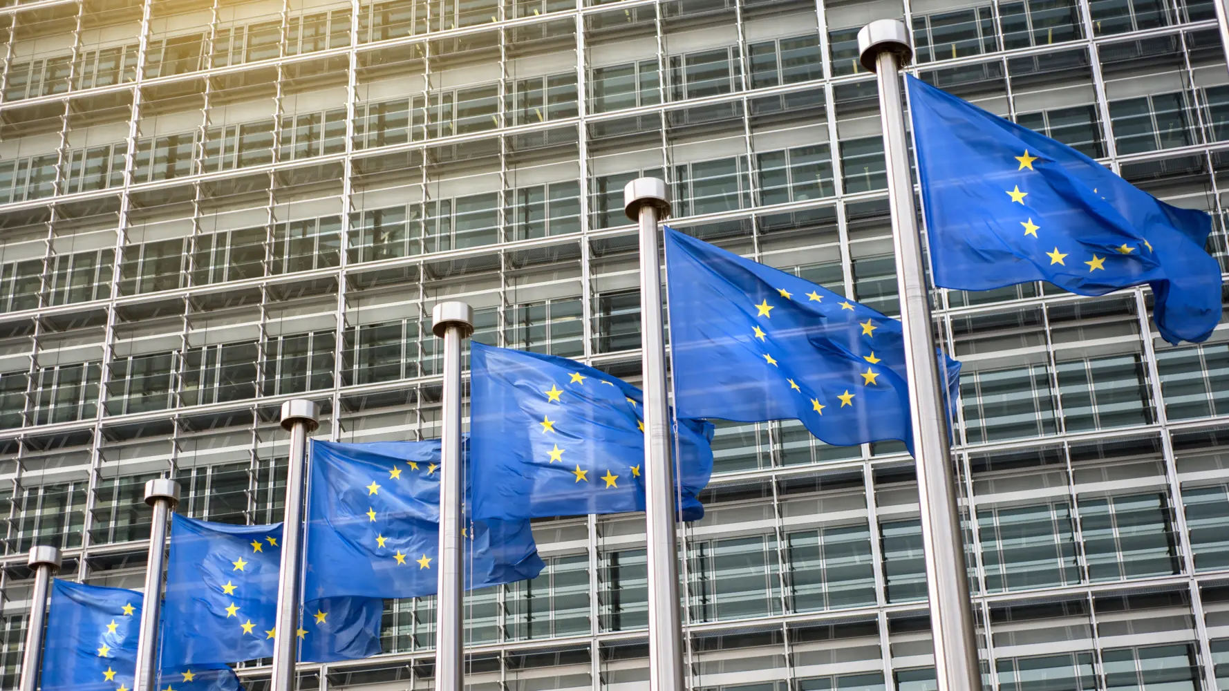 Foto der der EU-Fahnen vor dem EU-Parlament