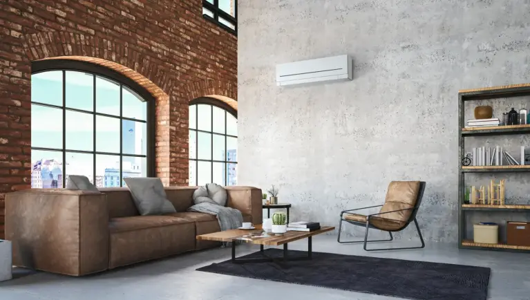 Wohnzimmer modern mit Klimaanlage MSZ-AP an Wand in weiß Abbildung Wohnzimmer modern mit Klimaanlage MSZ-AP an Wand in weiß