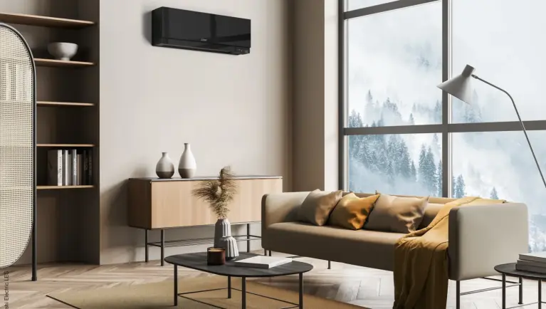 Gemütliches und modernes Wohnzimmer mit MSZ-EF in schwarz Abbildung gemütliches und modernes Wohnzimmer mit MSZ-EF in schwarz