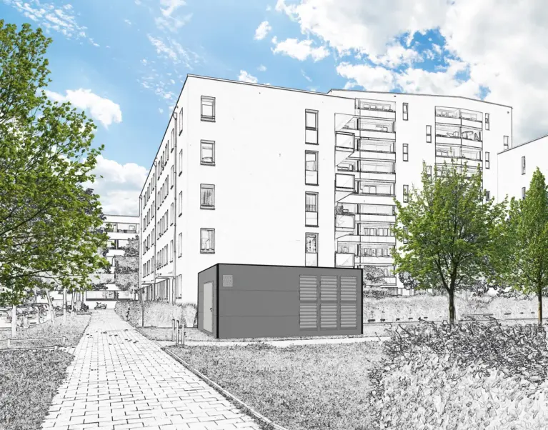 Grafik einer Wärmepumpen-Heizzentrale vor einem Mehrfamilienhaus