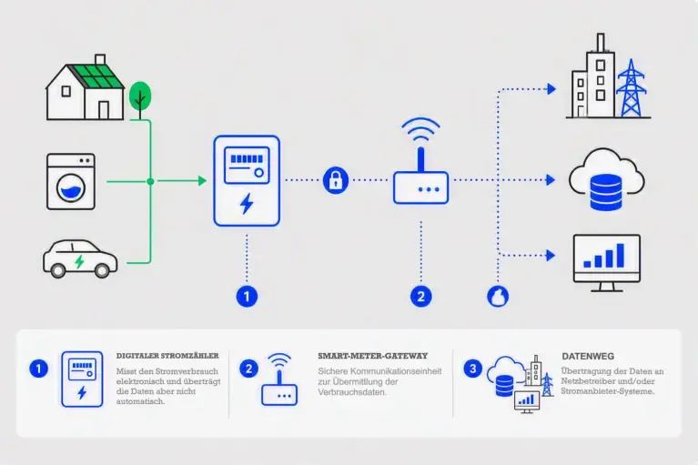 Schematische Darstellung eines intelligenten Messsystems: Haushalt, Waschmaschine und Elektroauto sind mit einem digitalen Stromzähler verbunden. Die Verbrauchsdaten werden über ein Smart-Meter-Gateway sicher übertragen und anschließend an Netzbetreiber, Cloud-Systeme und Monitoring-Anwendungen weitergeleitet. Die Grafik zeigt die drei Komponenten „Digitaler Stromzähler“, „Smart-Meter-Gateway“ und „Datenweg“.