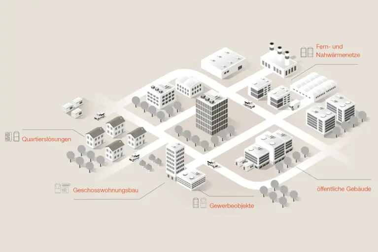Grafik einer stilisierten Stadt mit unterschiedlichen Gebäudetypen Grafik einer stilisierten Stadt mit unterschiedlichen Gebäudetypen