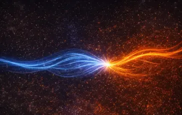 Abstrakte Darstellung zweier farblich unterschiedlicher Energie- oder Datenströme: Ein blauer Strom von links und ein orangefarbener Strom von rechts treffen in der Mitte aufeinander und verschmelzen zu einem leuchtenden Knotenpunkt vor dunklem, sternähnli