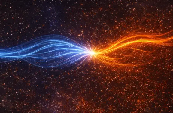 Abstrakte Darstellung zweier farblich unterschiedlicher Energie- oder Datenströme: Ein blauer Strom von links und ein orangefarbener Strom von rechts treffen in der Mitte aufeinander und verschmelzen zu einem leuchtenden Knotenpunkt vor dunklem, sternähnli