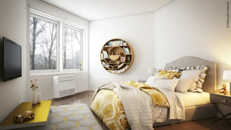 Abbildung Schlafzimmer mit großem Bett und MFZ-KT an Wand in weiß