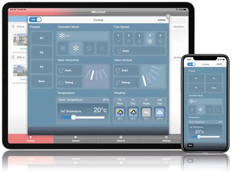 Smarte MELCloud App auf iPad und iPhone Bild der smarten MELCloud App auf iPad und iPhone