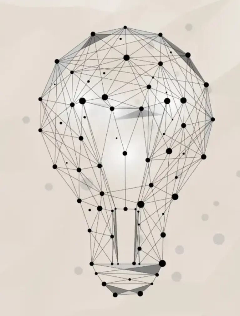An abstract depiction of a light bulb made up of interconnected black dots and lines, symbolizing a network or digital connectivity, against a bright, neutral background.