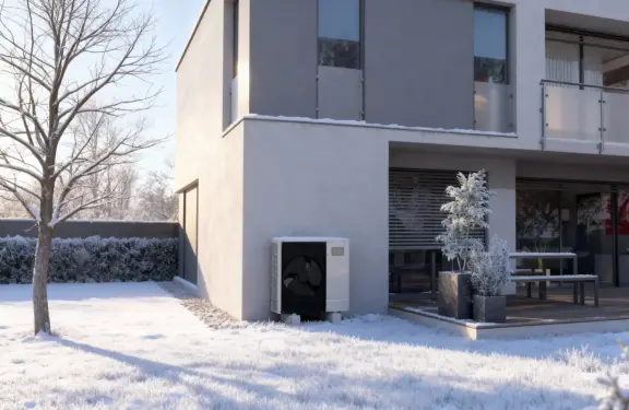 Foto einer Mitsubishi Electric Wärmepumpe der Ecodan Serie vor einem Reihenendhaus