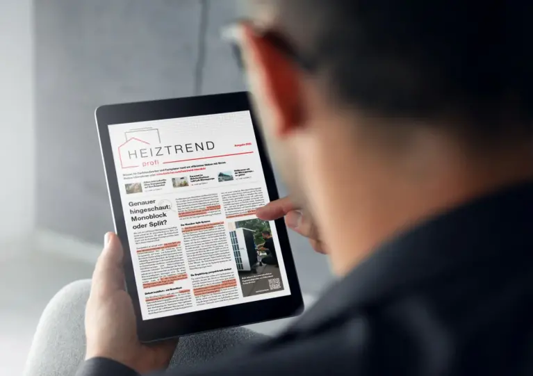Foto eines Tablets mit geöffneter Ausgabe des Heiztrend profi Foto eines Tablets mit geöffneter Ausgabe des Heiztrend profi