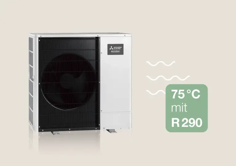 Foto einer MitsubishiElectric Monoblock Luft-/Wasser-Wärmepumpe mit Kältemittel R290 