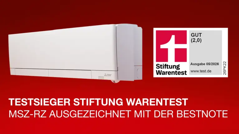 Mitsubishi Electric MSZ-RZ Wandklimaanlage mit Stiftung-Warentest-Siegel „Gut (2,0)“ und Hinweis auf die Auszeichnung als Testsieger.