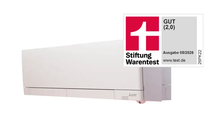 Foto des MSZ-RZ Innengeräts mit Stiftung Warentest Testsieger-Logo