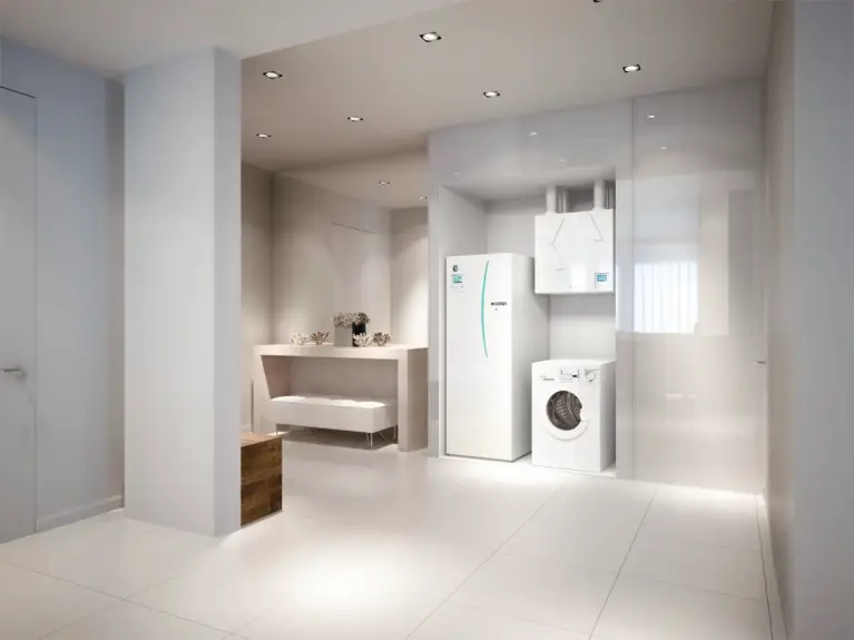 Bild einer zentralen Lossnay Lüftungsanlage neben einer Ecodan Wärmepumpe Bild einer zentralen Lossnay Lüftungsanlage neben einer Ecodan Wärmepumpe