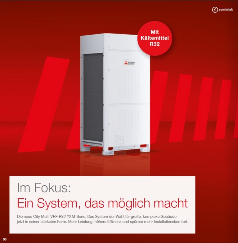 ußengerät der Mitsubishi Electric City Multi VRF YXM-Serie vor rotem Hintergrund. Hervorgehoben wird das Kältemittel R32. Das Motiv verweist auf eine leistungsstarke VRF-Lösung für große und komplexe Gebäude mit Fokus auf Effizienz und Installationskomfort.