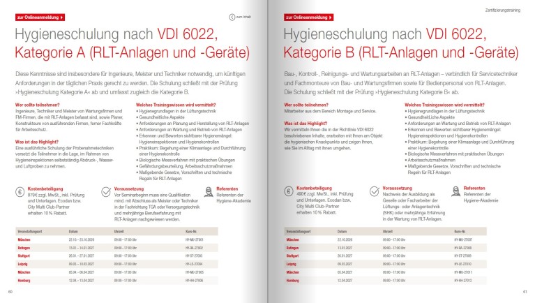 Übersicht zu den Hygieneschulungen nach VDI 6022 für RLT-Anlagen und -Geräte der Kategorien A und B mit Schulungsinhalten und Terminen.