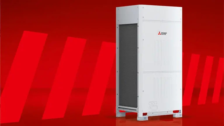 City Multi VRF YXM Series outdoor unit on a red background