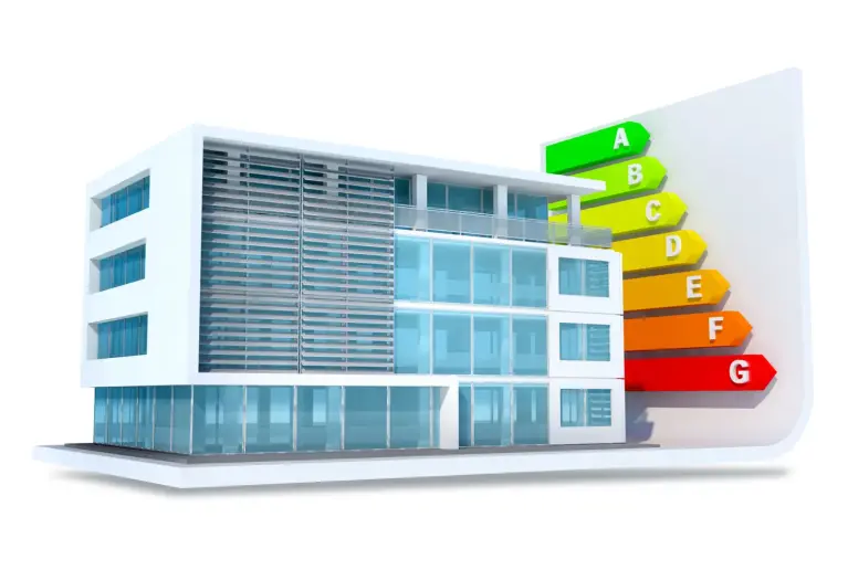 Illustratie gebouw met energieklasse schaal Illustratie gebouw met energieklasse schaal