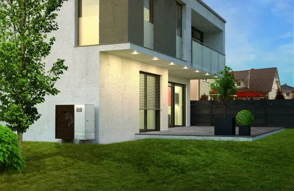 Illustration d'un bâtiment résidentiel avec unité extérieure de pompe à chaleur