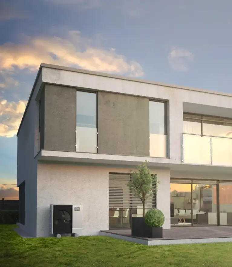 Image of Ecodan outdoor unit in front of a new building