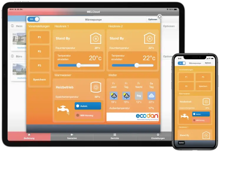 Darstellung der MELCloud App in einem iPad Pro und einem iPhone