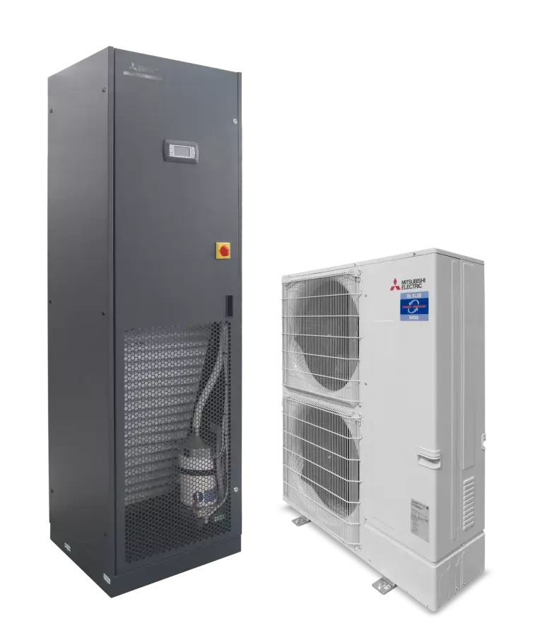 Photo de l'armoire de climatisation de précision s-MEXT avec unité extérieure de la série Mr. Slim