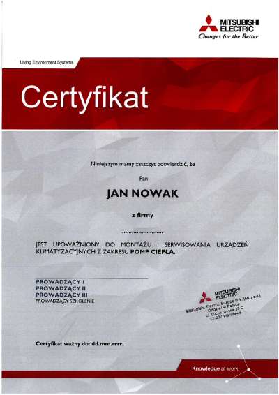Certyfikat z Pomp Ciepla
