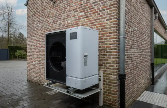 Warmtepomp achter een struik in de tuin