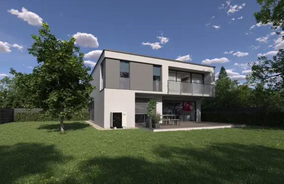 Jardin avec arbre et terrasse avec unité extérieure de pompe à chaleur.