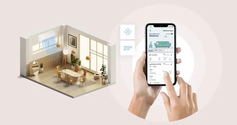 Illustratie van een moderne woonkamer met een wandgemonteerde airconditioner die gekoelde lucht verspreidt. Naast de ruimte toont een smartphone de bediening van het HVAC-systeem via een mobiele app voor temperatuurregeling, ventilatie en klimaatbeheer.