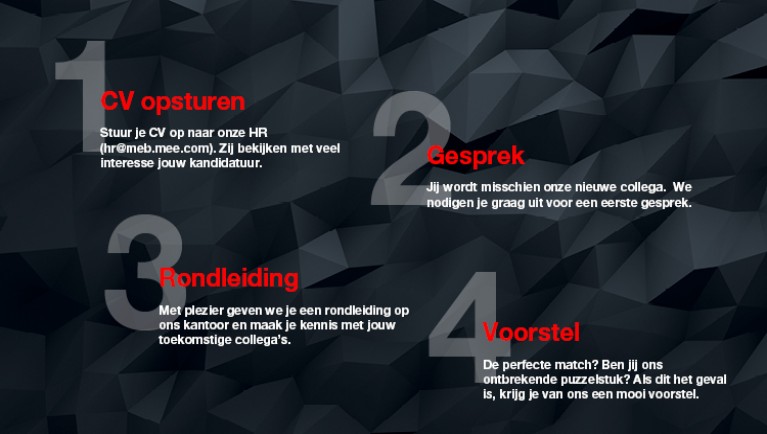 Stappenplan voor het solliciteren: 1. CV opsturen, 2. Gesprek, 3. Rondleiding, 4.Voorstel